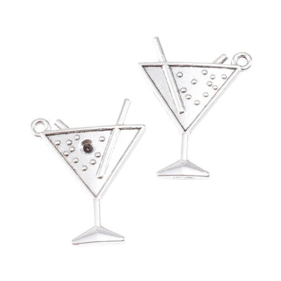 Product view of martini glass charm showing a stemmed cocktail glass with bubble dots, a straw, and a small side loop