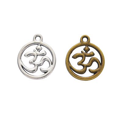 Round Om Symbol Jewelry Pendant Charm in Two Finishes shown in front and back product view