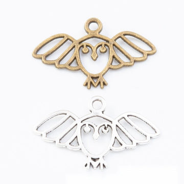 Wide Winged Owl Charm in Antique Bronze and Silver Tone