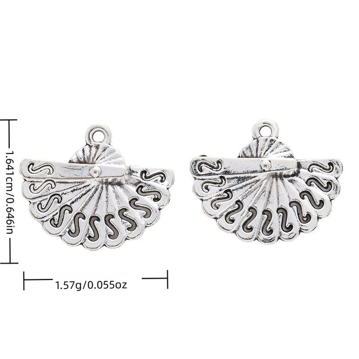 Detailed Double Folding Fan Metal Charm in Antique Silver Tone