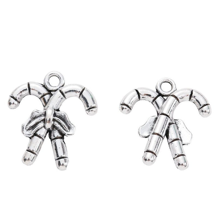 Antique Silver Crossed Candy Cane Charm with Bow Detail