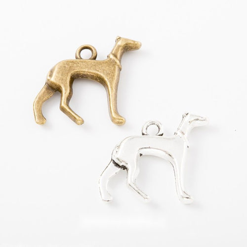 Group view of slender greyhound charm on a white background