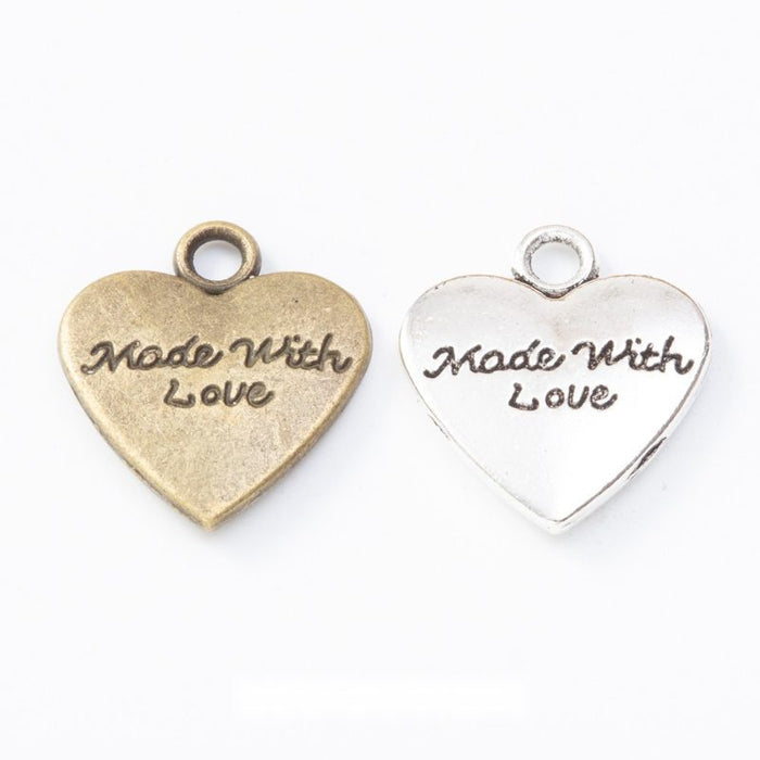 Made With Love Heart Charm Alloy Jewelry Making Component in 2 Finish Options