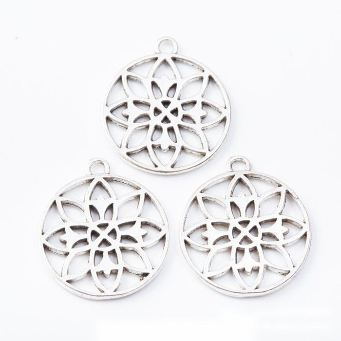 Round Floral Openwork Metal Connectors in Antique Silver