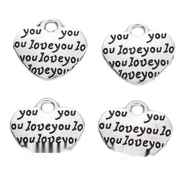 Repeating Love Text Heart Pendant Charm in Antique Silver