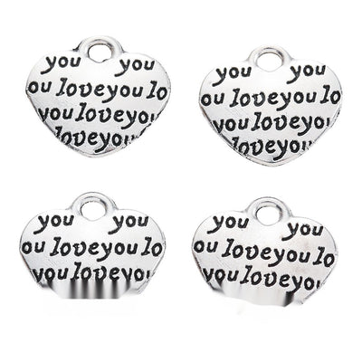 Repeating Love Text Heart Pendant Charm in Antique Silver shown in front and back product view