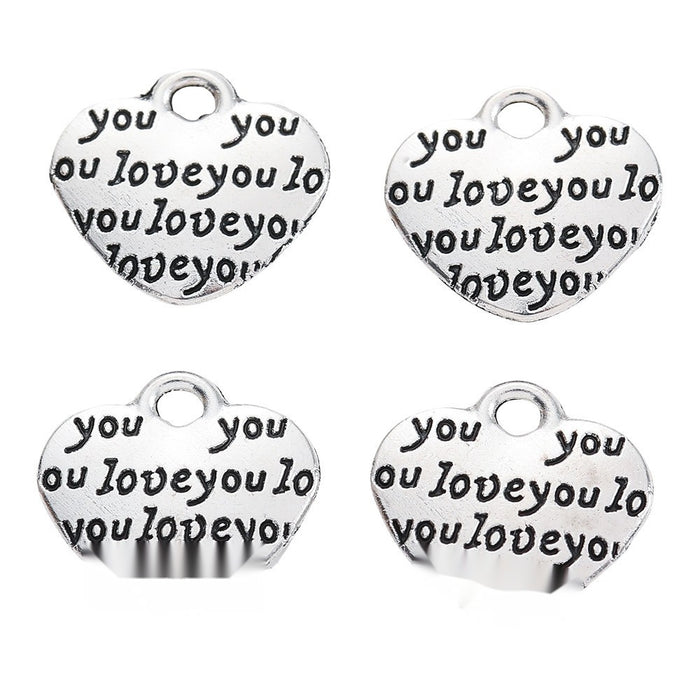 Repeating Love Text Heart Pendant Charm in Antique Silver