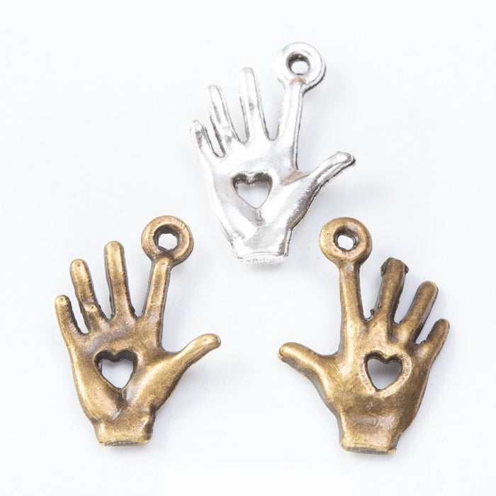Heart Palm Hand Metal Charms in Two Antique Finishes