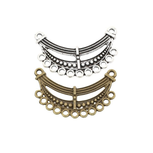 Seven Loop Curved Bar Connector assortment showing the available metal finishes