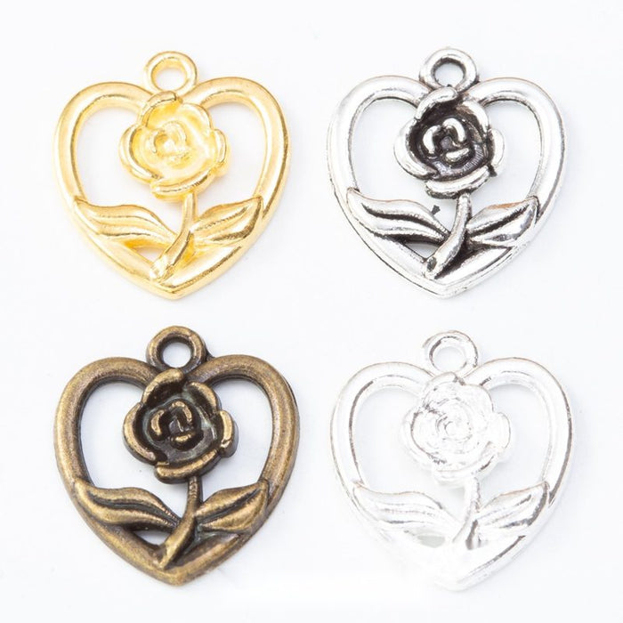 Rose Inside Heart Metal Charm Pendant in Six Finishes