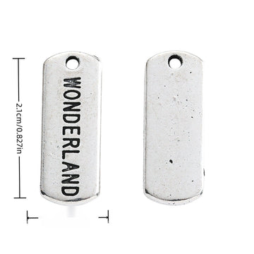 WONDERLAND Engraved Rectangular Tag Pendant Charm in Antique Silver