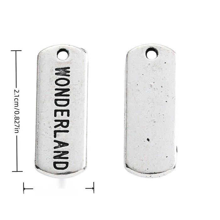 WONDERLAND Engraved Rectangular Tag Pendant Charm in Antique Silver