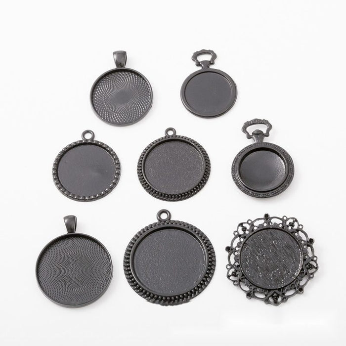 Eight Black Round Cabochon Pendant Tray Styles and Sizes