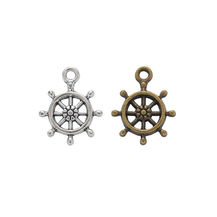 Layered Ship Wheel Metal Charms in Antique Bronze and Silver