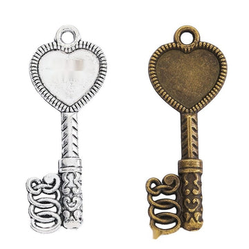 Heart Top Key Charms in Antique Bronze, Antique Silver