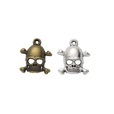 skull crossbones metal charm shown from the front in the available metallic finishes