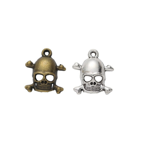 skull crossbones metal charm shown from the front in the available metallic finishes