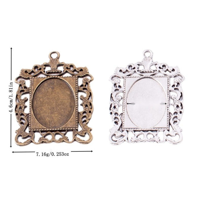 Ornate Rectangular Cabochon Pendant Tray In Antique Bronze and Antique Silver Metal Finish