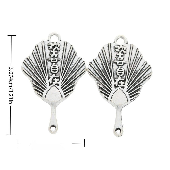 Inscribed Folding Fan Charm in Antique Silver Tone