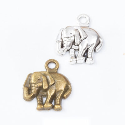 Grouped front view of walking elephant charms in the available finishes
