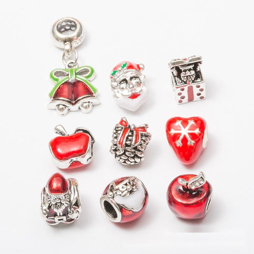 Grouped front view of red christmas large hole bead charms in the available finishes