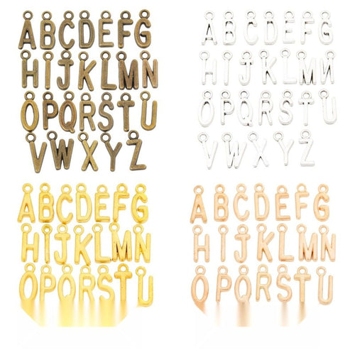Finish assortment shown together of the uppercase alphabet letter charms