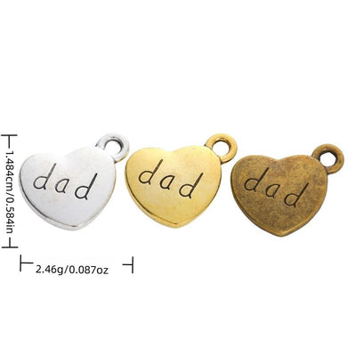 Dad Engraved Heart metal piece shown in Antique Bronze, Antique Gold, Antique Silver beside printed specifications
