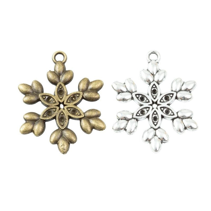 Detailed Six Arm Snowflake Charm In Antique Bronze and Antique Silver Metal Finish