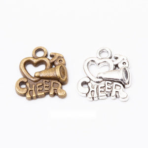 Cheer Megaphone Zinc Alloy Charm with Open Heart, Two Antique Finishes