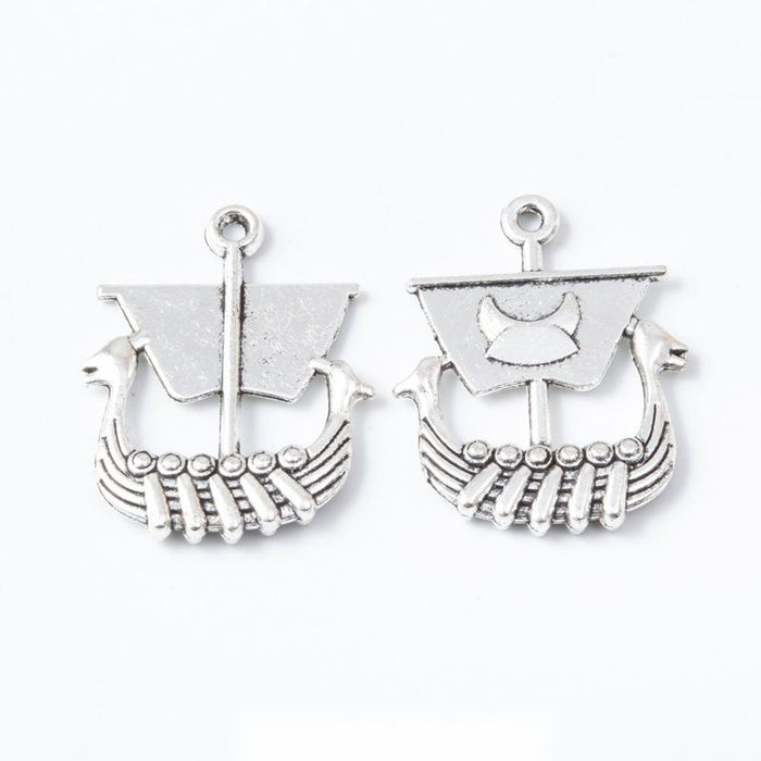 Viking Longship Charm with Sail and Oars in Silver Tone