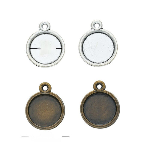 Metal small round pendant setting, front and reverse views shown in the product image
