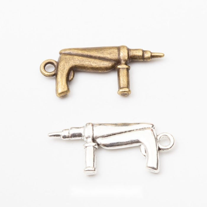 Handheld Power Drill Tool Metal Charm in Two Antique Finishes