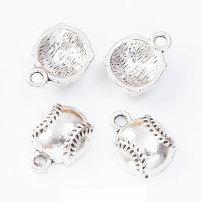 Baseball glove charms holding a small raised ball arranged together on a white background.