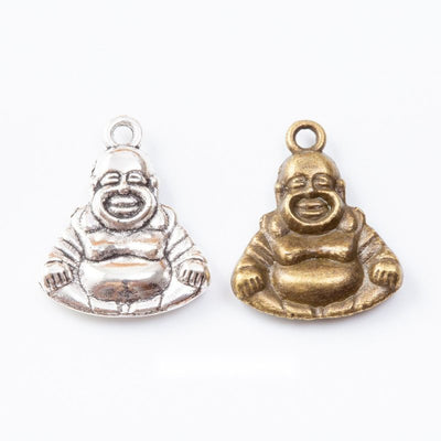 Product view of Laughing Buddha charm showing a seated smiling Buddha figure with a rounded belly, robe folds, and a top