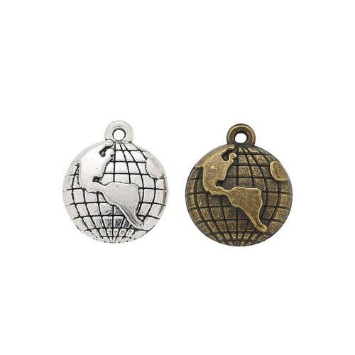 Small World Map Charm finish assortment on a white background