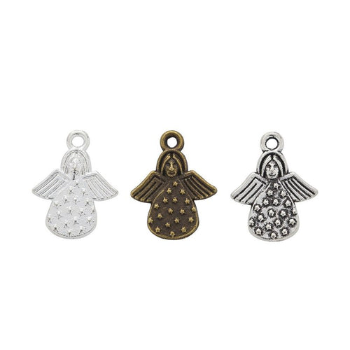 Small angel figure with dotted skirt and engraved reverse text shown in the available finishes