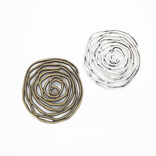 Grouped front view of the open spiral rose metal charm pendant in all pictured styles