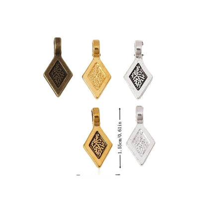 Ornate Diamond Tile metal piece shown in Bright Silver, Antique Bronze, Gold, Antique Gold, Antique Silver beside printe