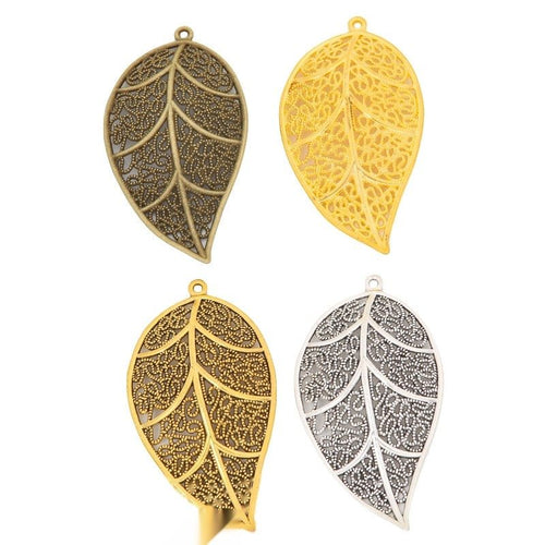 Front comparison of openwork filigree leaf metal component in 4 finishes