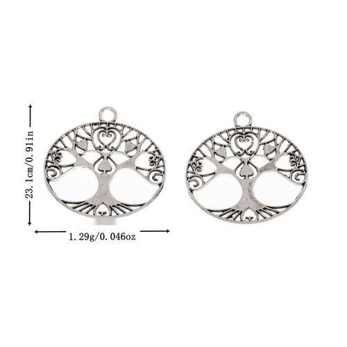 Round tree of life charms beside printed height and weight text