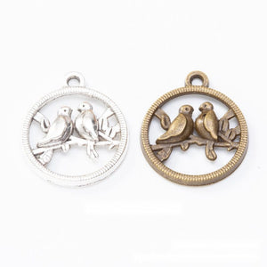 Round Lovebird Openwork Metal Charms in Two Finishes