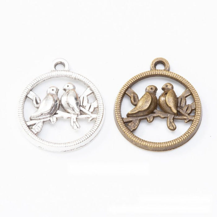 Round Lovebird Openwork Metal Charms in Two Finishes
