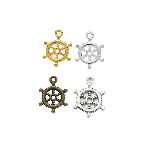 Group view of ship wheel charm showing all 5 pictured finish variants