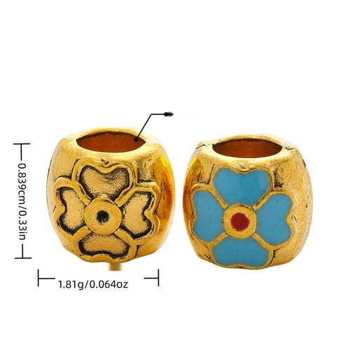 Rounded large-hole flower bead in plain relief and blue enamel styles shown in arranged finish comparison