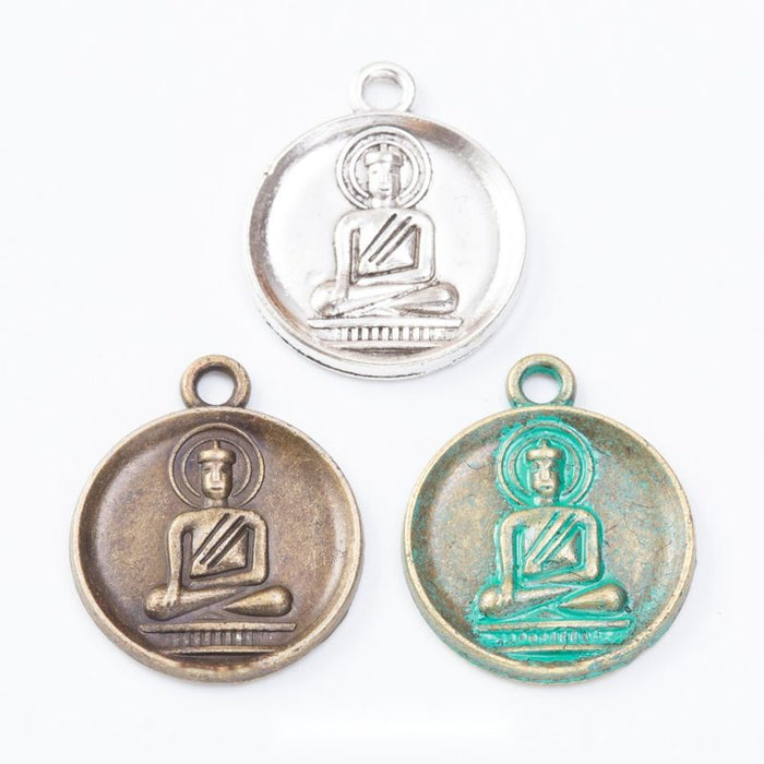 Round Buddha Symbol Pendants in Three Patina Finishes