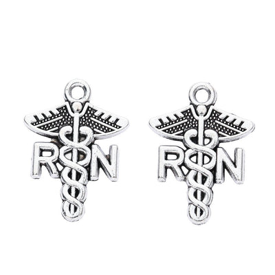 RN Caduceus Nursing Symbol Pendant Charm in Antique Silver shown in front and back product view