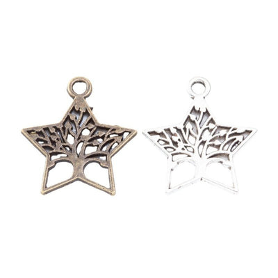 Open five-point star charms filled with branching tree silhouettes arranged together on a white background.