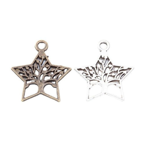 Open five-point star charms filled with branching tree silhouettes arranged together on a white background.