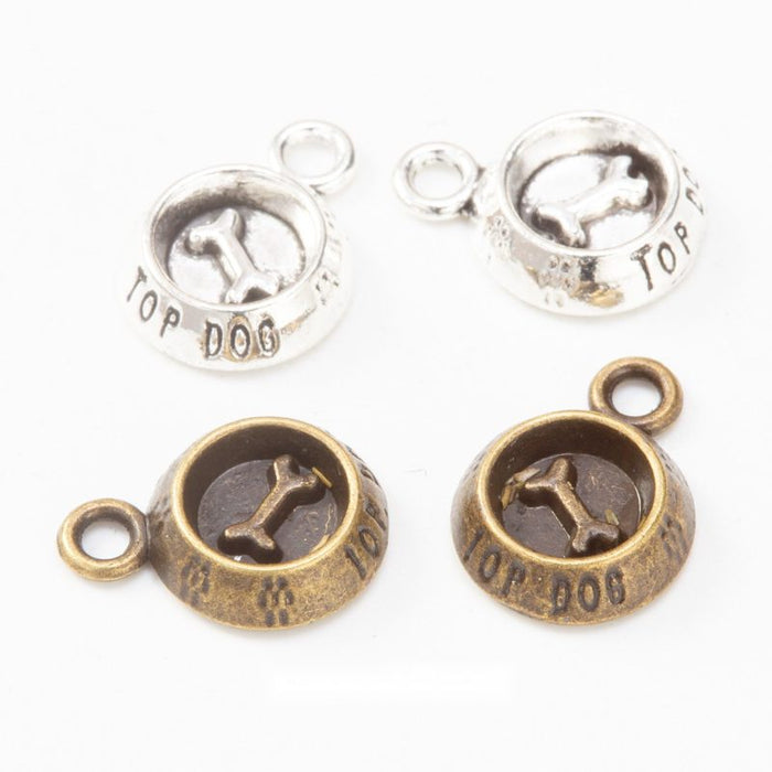 Dog Bone Round Bezel Charms in Two Antique Finishes