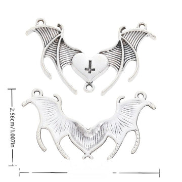 Antique Silver Bat Wing Heart And Inverted Cross Charm